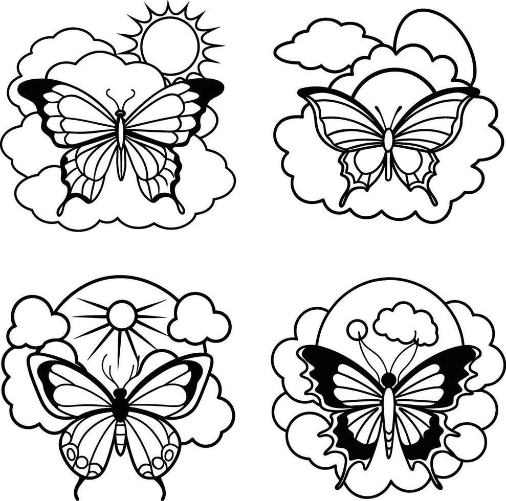 Butterfly illustrations on cloud backgrounds set of black and white line art designs vector