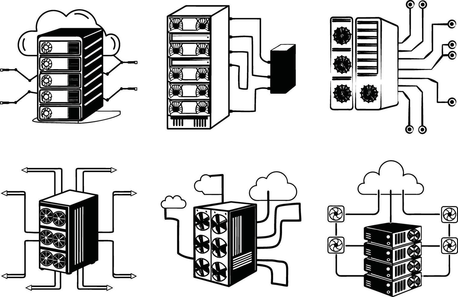Data center servers and cloud computing infrastructure illustration in black and white outline style vector