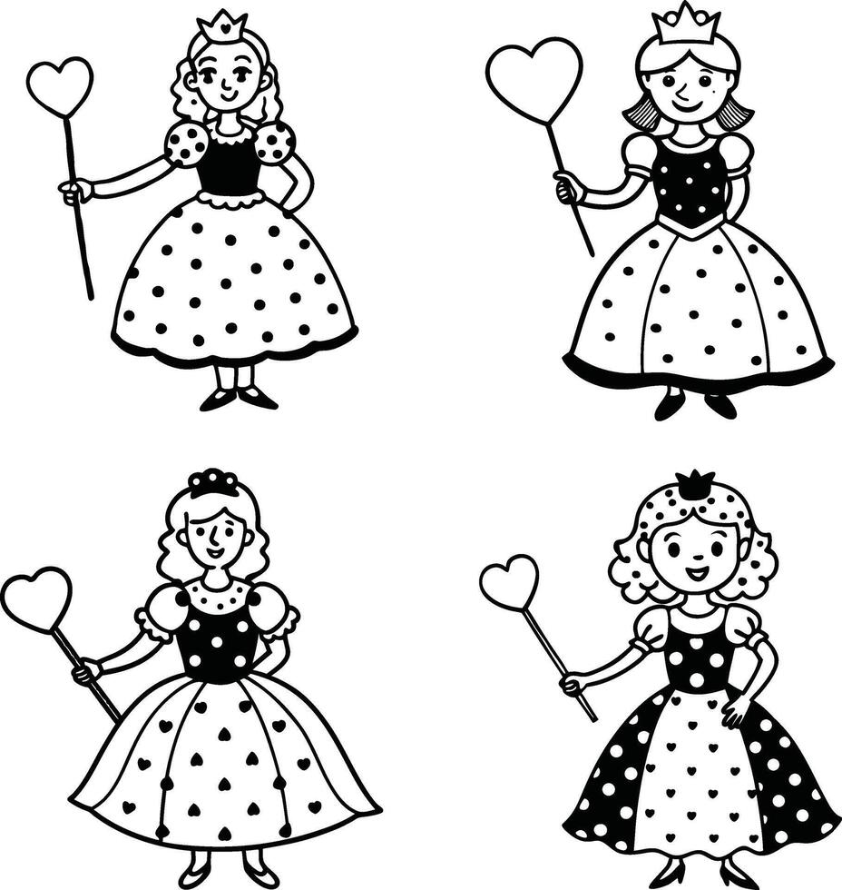 Cute princesses cartoon outline icons holding heart wands set vector
