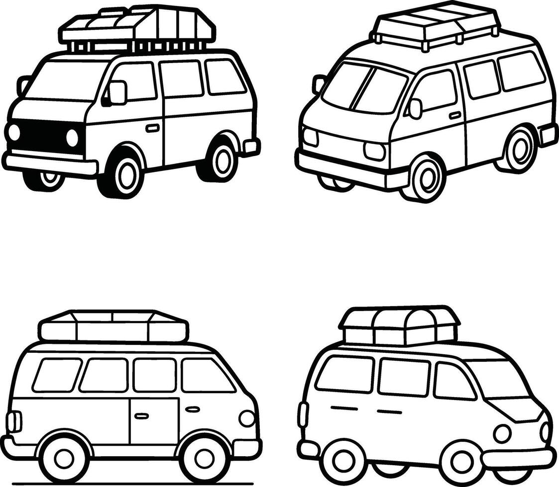 Outline illustration of camping vans with roof racks for adventure and travel vector