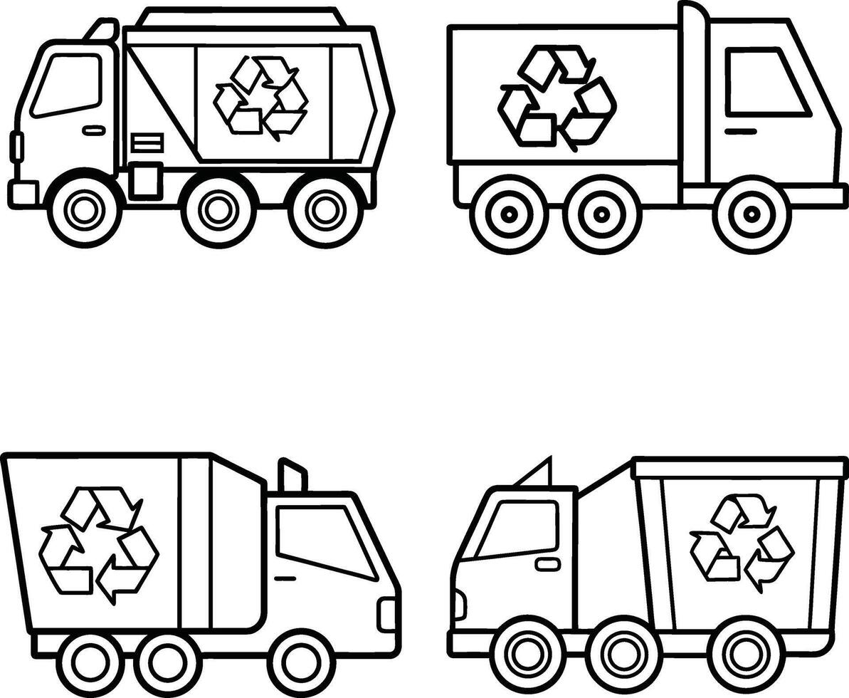 Recycling trucks cartoon outlines set for coloring book or educational materials vector