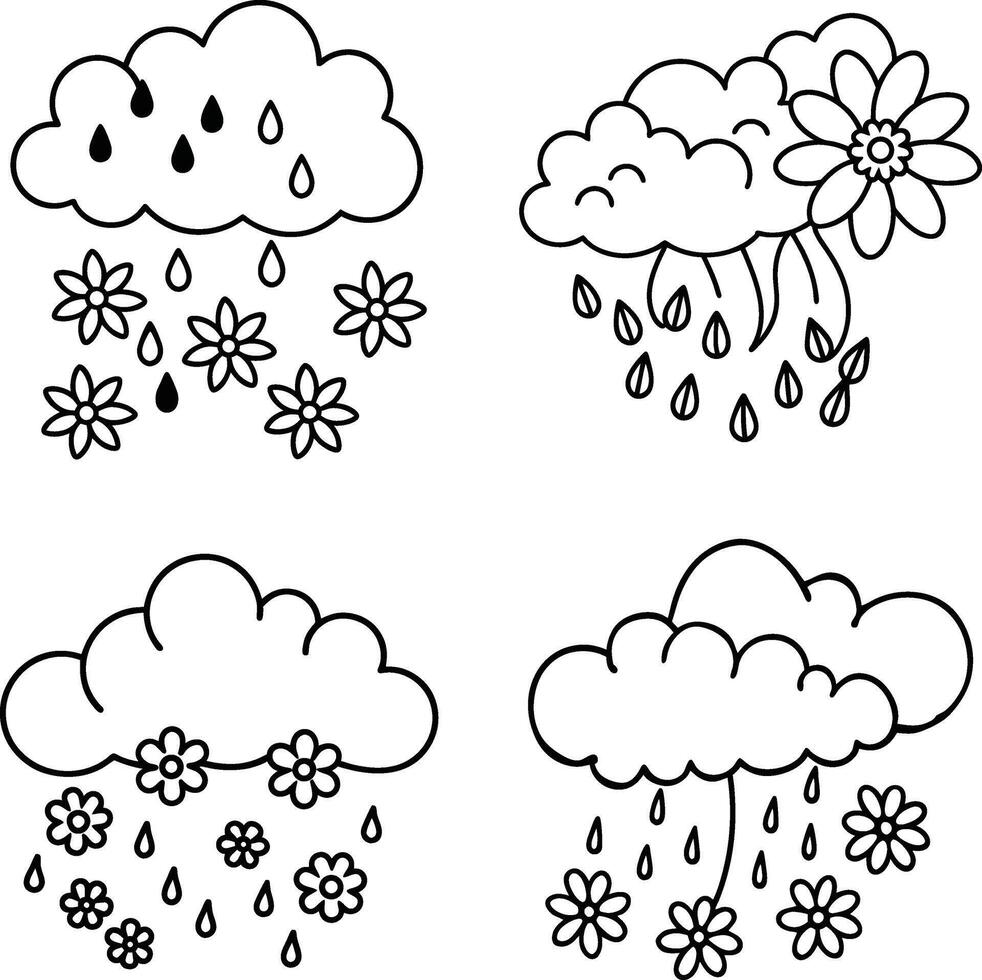 Four black and white clouds with rain and flowers doodles set vector