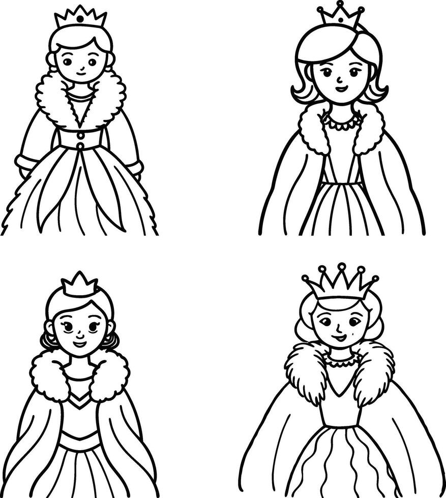 Cartoon queen character line art illustrations four different design variations vector