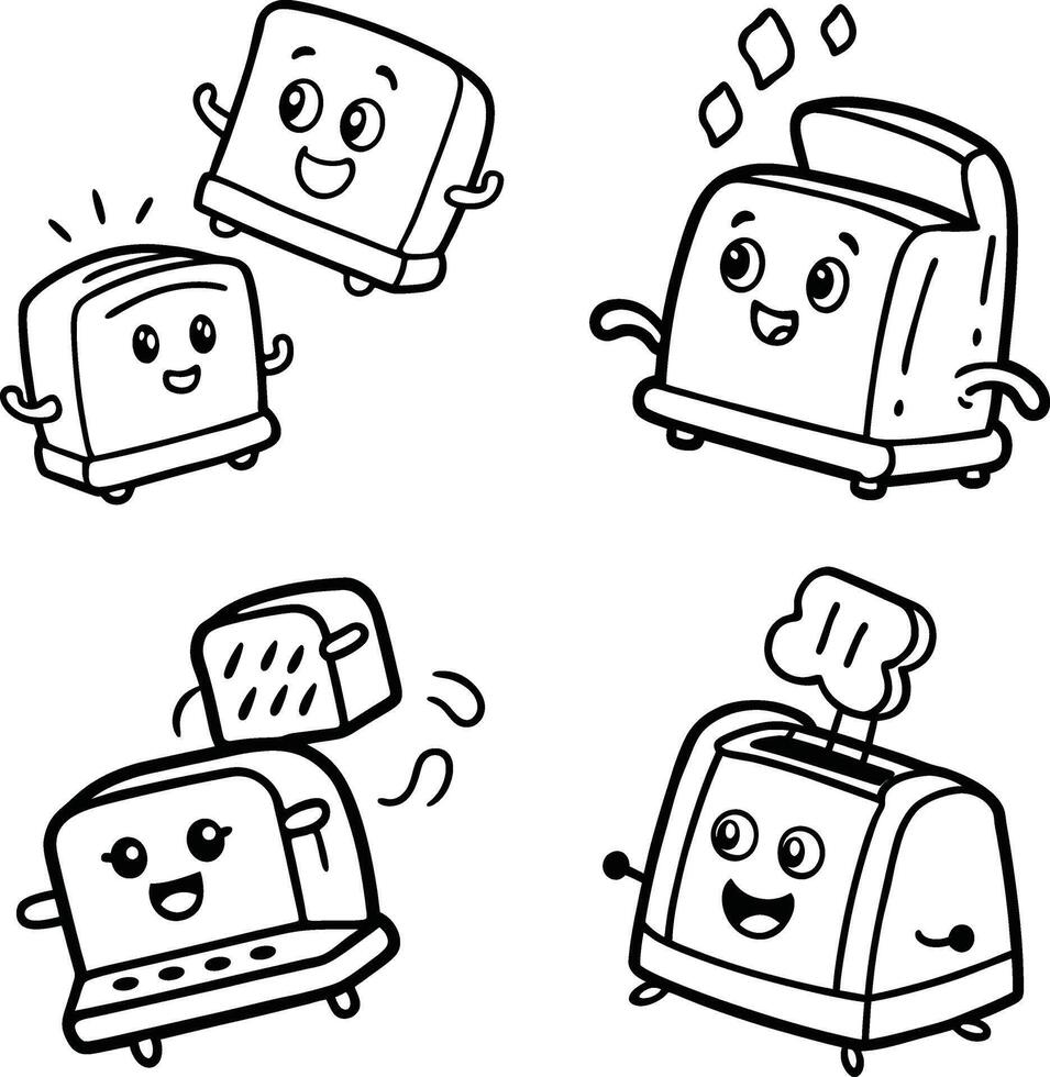 Cute cartoon toaster characters black and white outline illustration vector