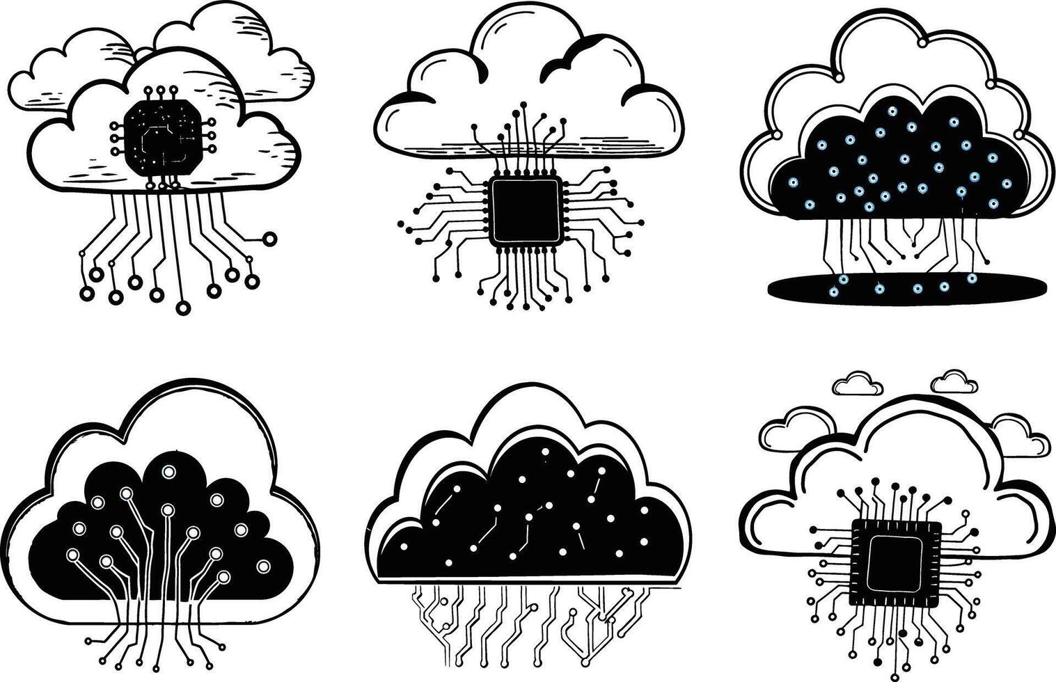 Cloud computing network doodle style icons set for digital technology vector