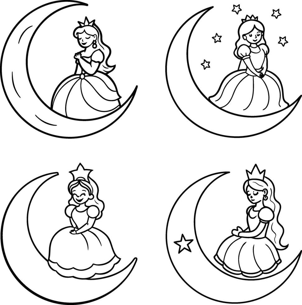 Princesses on crescent moons black and white line art illustrations vector