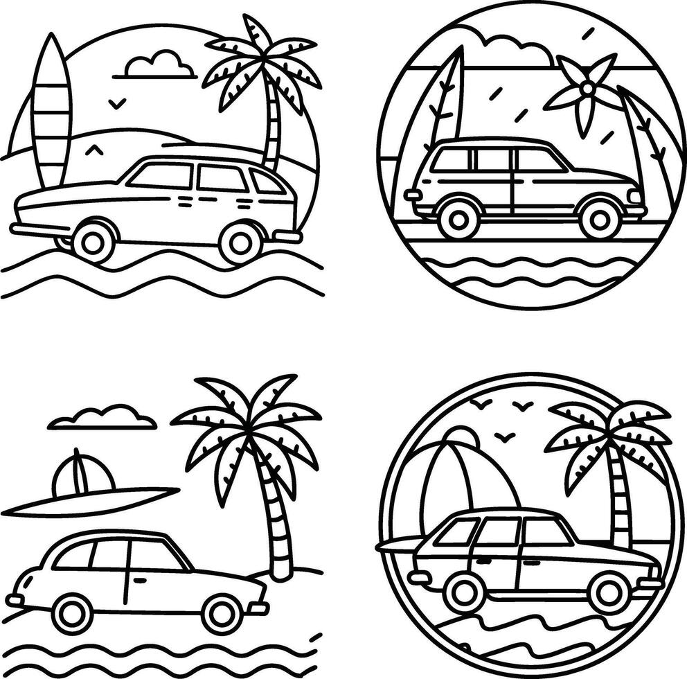 Tropical vacation car outline icons with palm trees and surfboards illustration vector