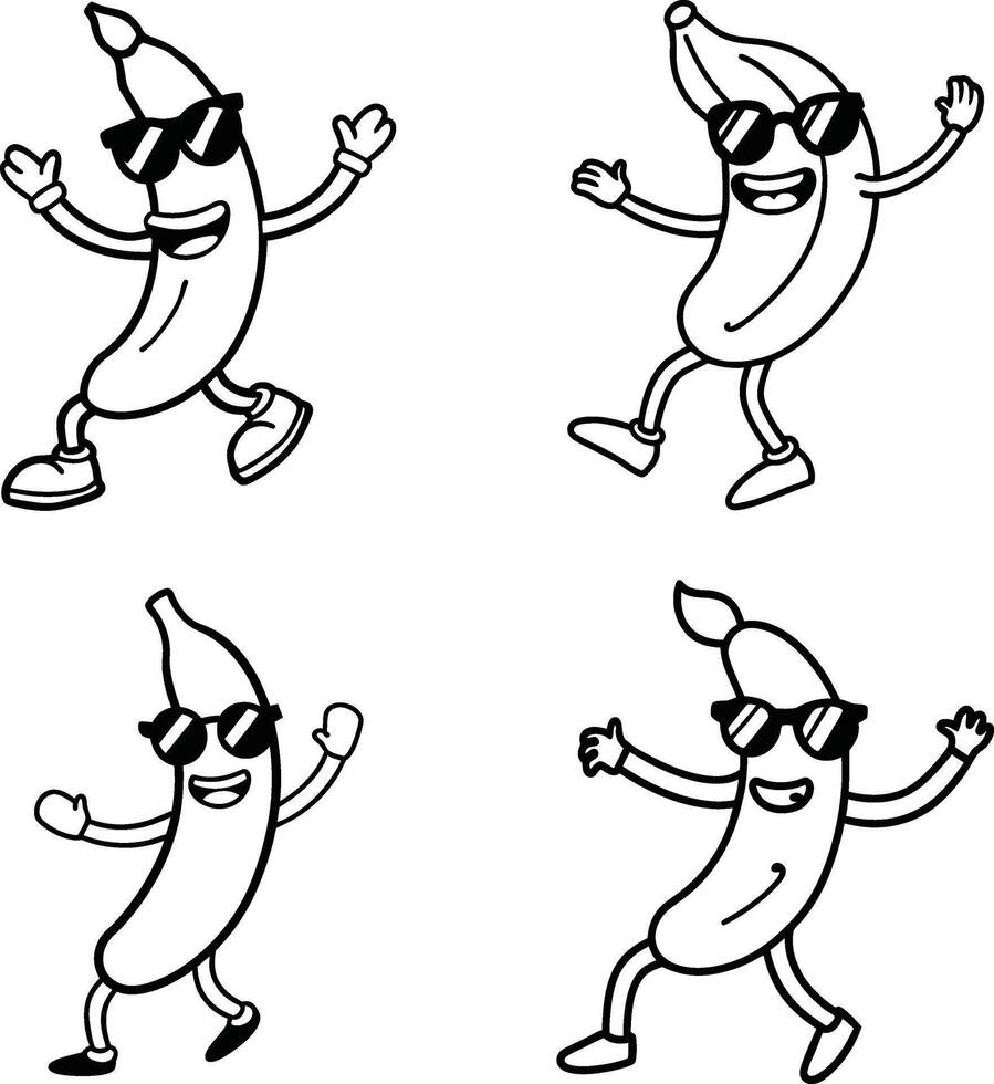 Black and white cartoon bananas wearing sunglasses dancing and having fun vector