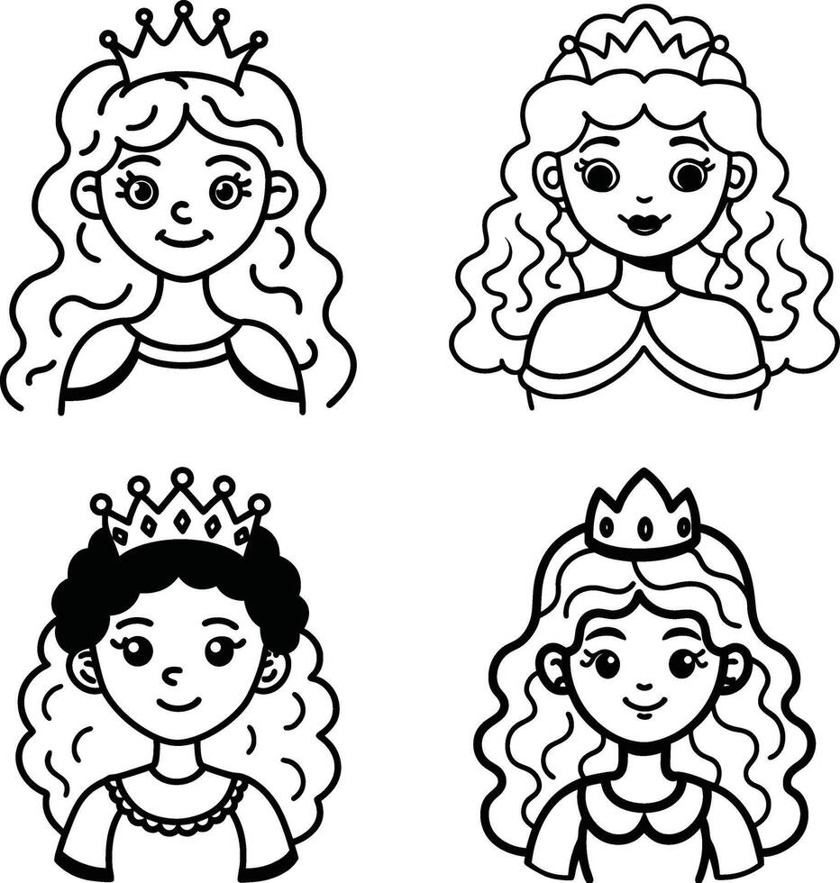 Cute princess characters collection line art for coloring pages or design elements vector