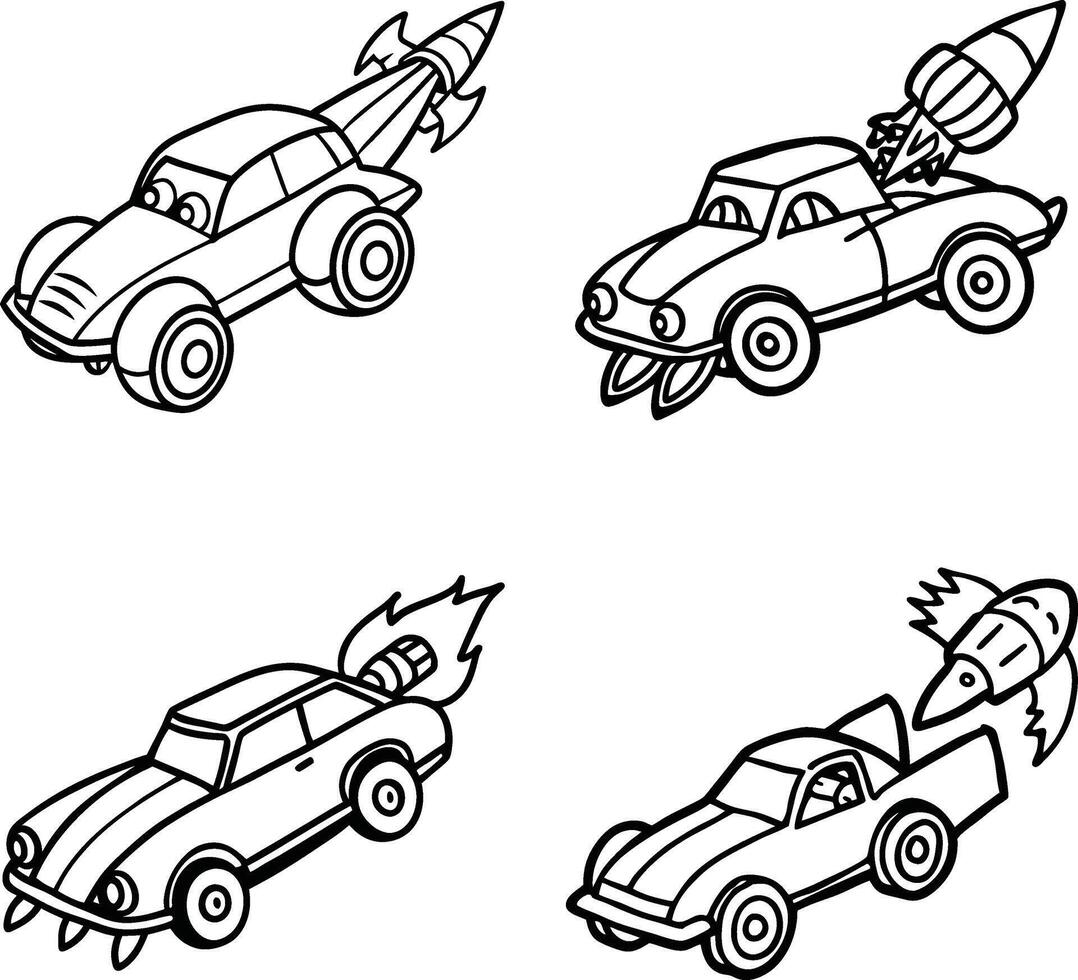 Cartoon cars with rockets seamless pattern illustration for coloring or print vector