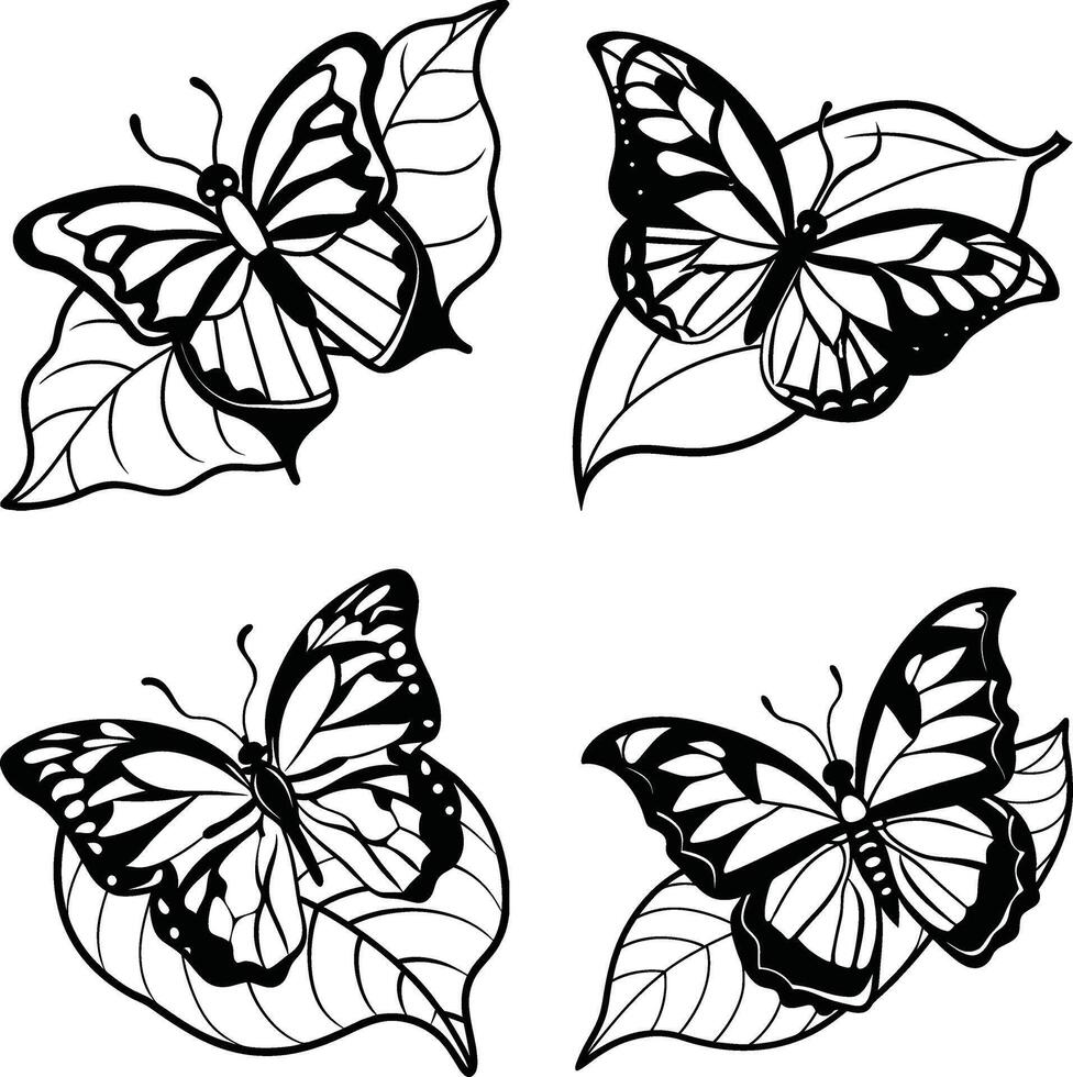 Black and white butterflies on leaves seamless pattern illustration vector