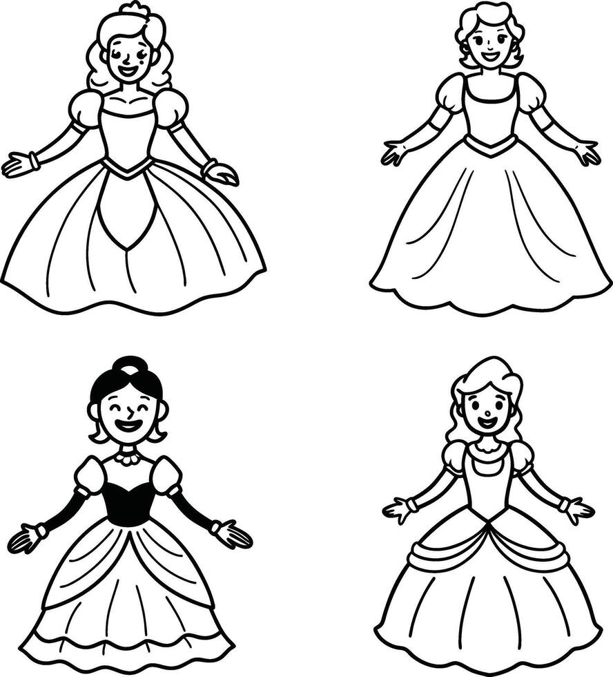 Four cartoon princesses in elegant gowns outlined for coloring pages or educational materials vector