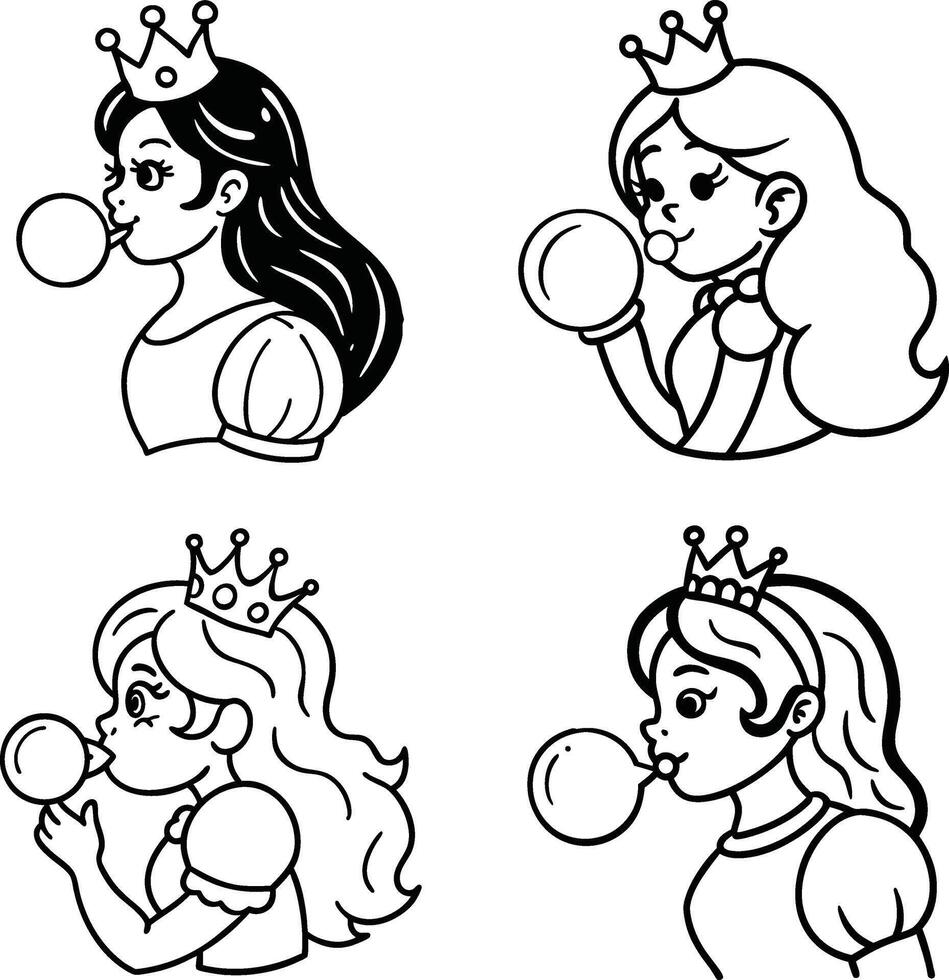Princesses blowing bubbles line art illustration for coloring books and creative projects vector