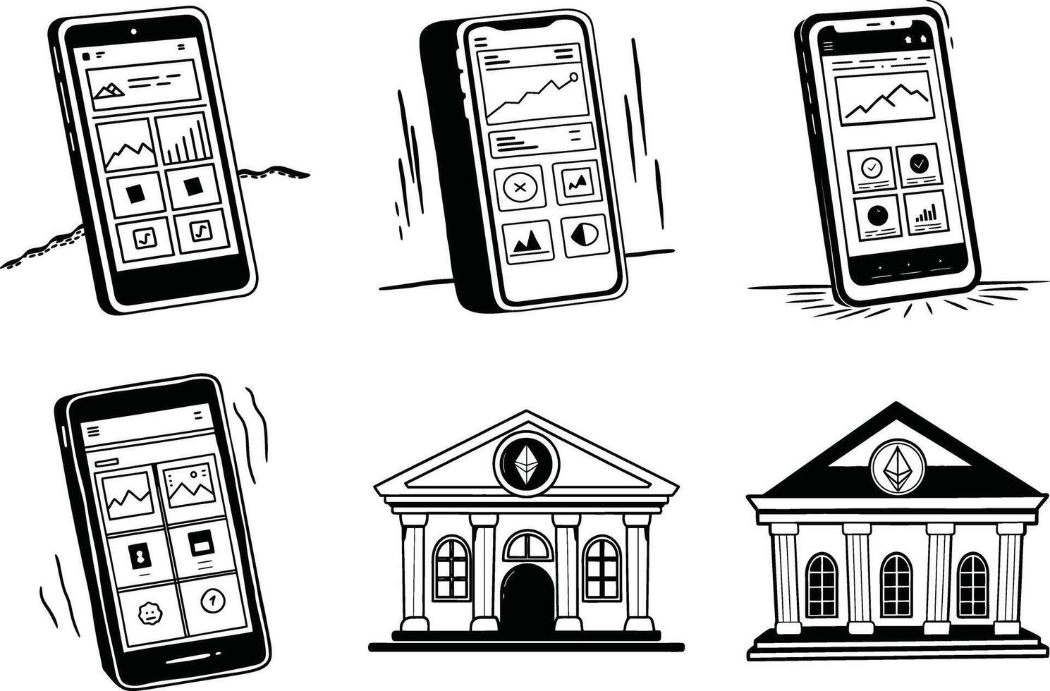 Digital banking with ethereum blockchain concept represented in hand drawn style vector