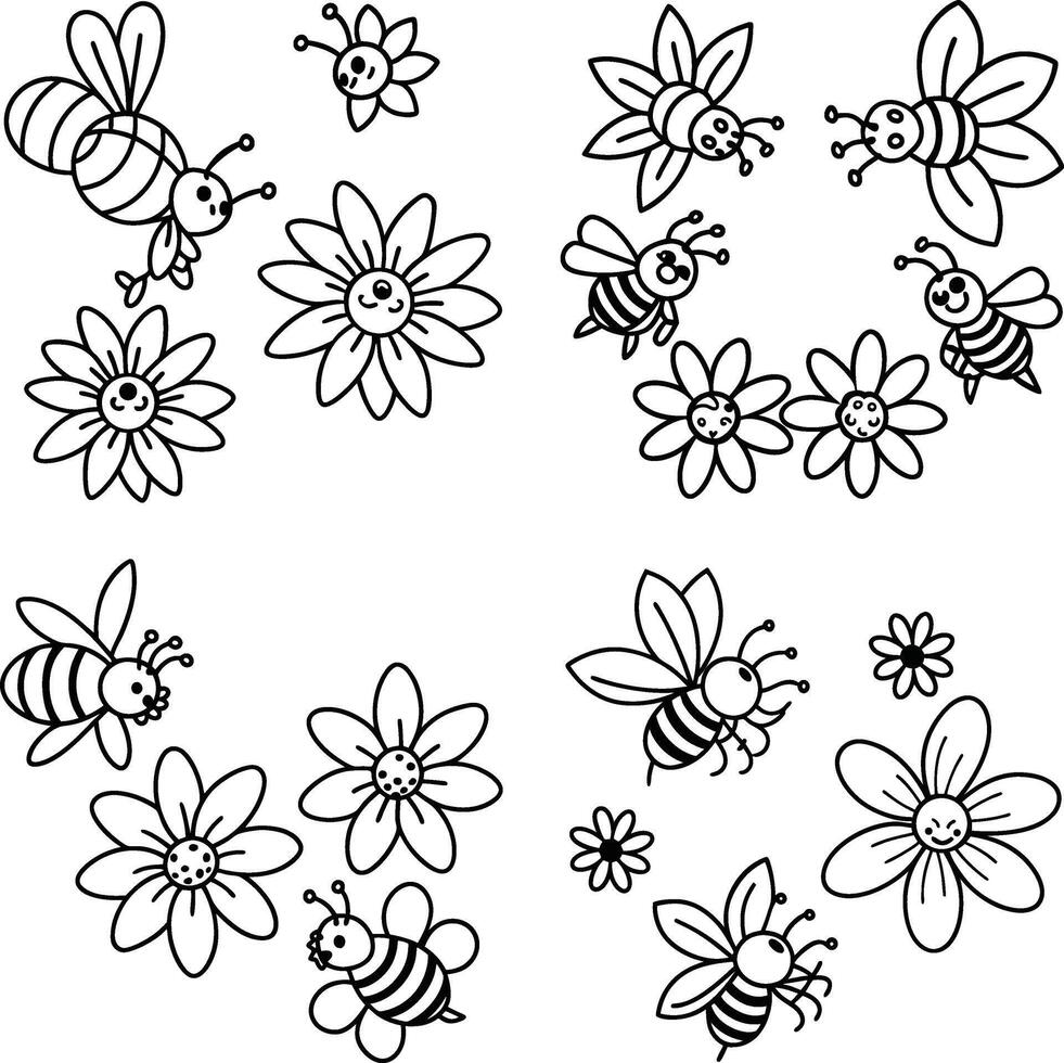 Cute cartoon bees and flowers outline drawing pattern monochrome vector