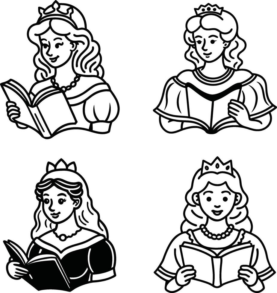 Princesses reading books black and white outline illustration set vector