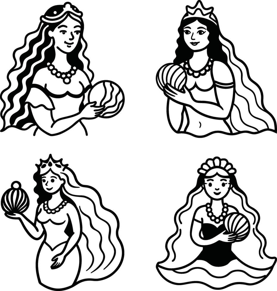 Four cartoon princesses with crowns and ornate gowns holding decorative spheres vector