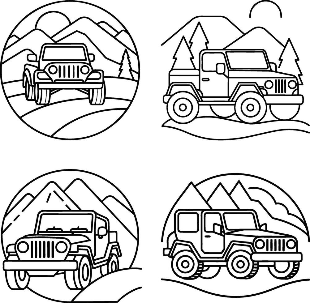 Four different off road vehicles with mountain background line art vector