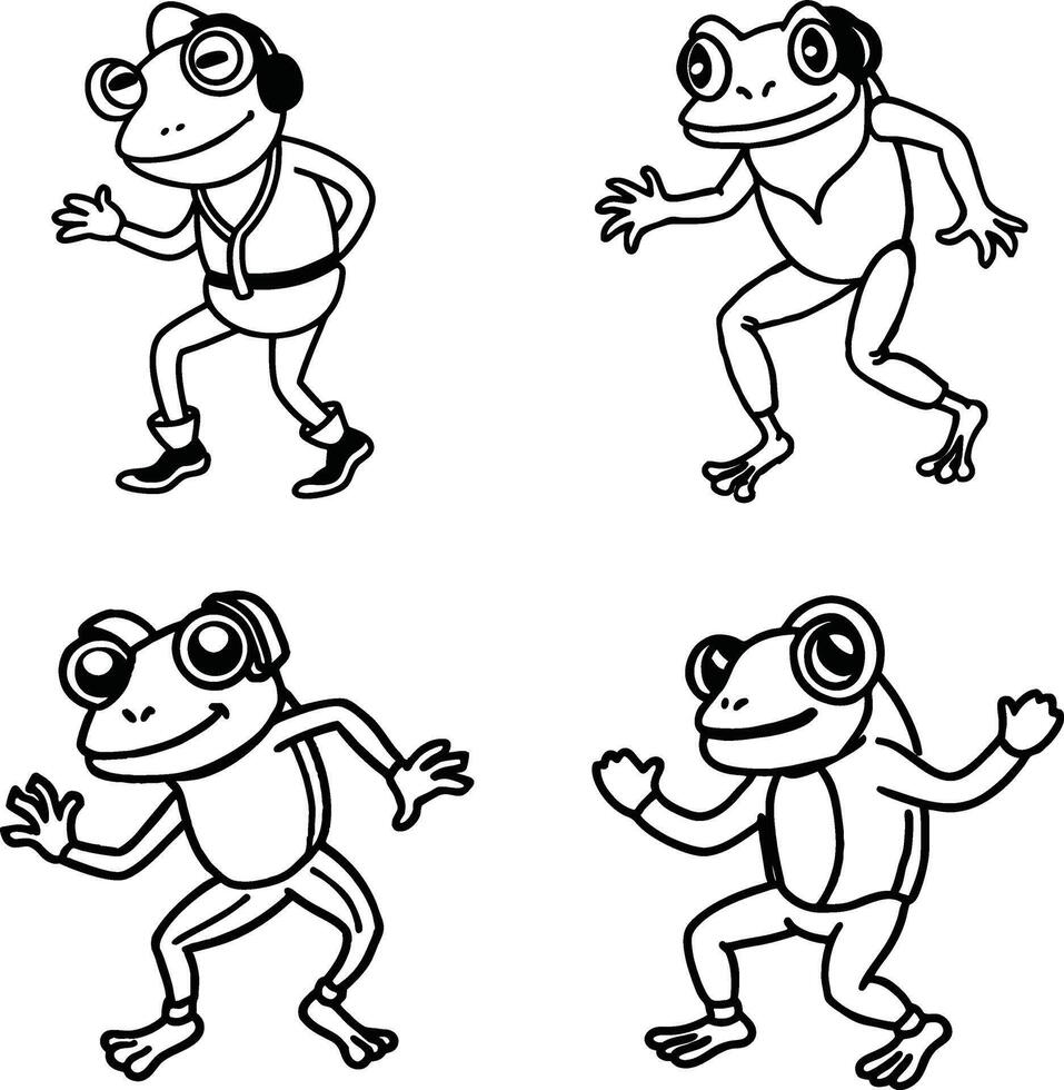 Four funny frogs dancing in a line art cartoon style illustration vector