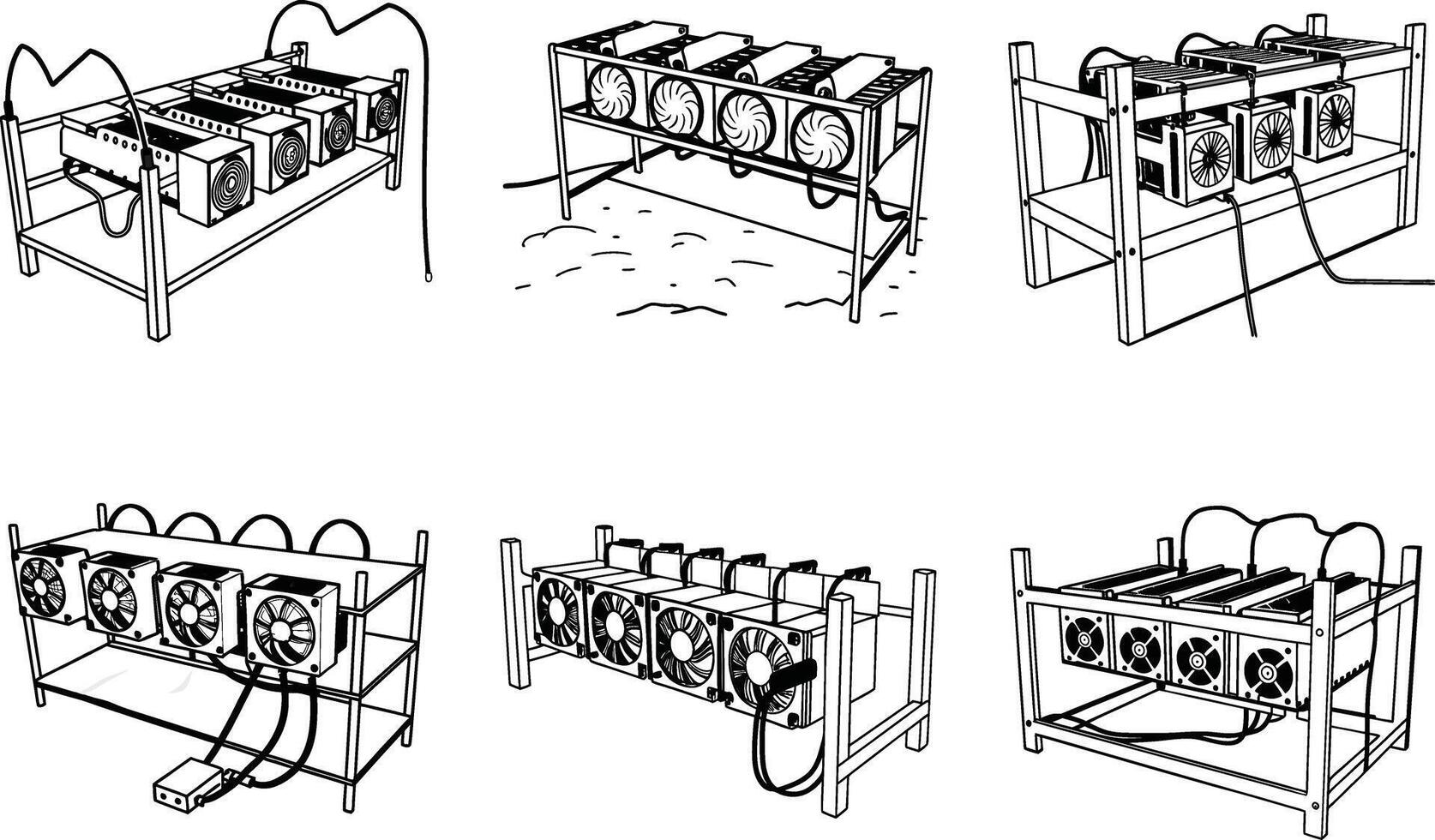Cryptocurrency mining rigs illustration black and white outline digital currency technology vector