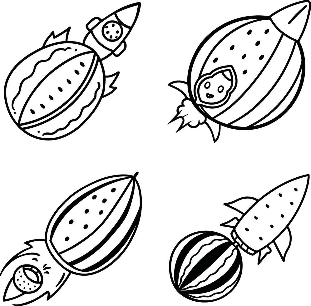 Hand drawn watermelon space rockets illustration black and white line art vector