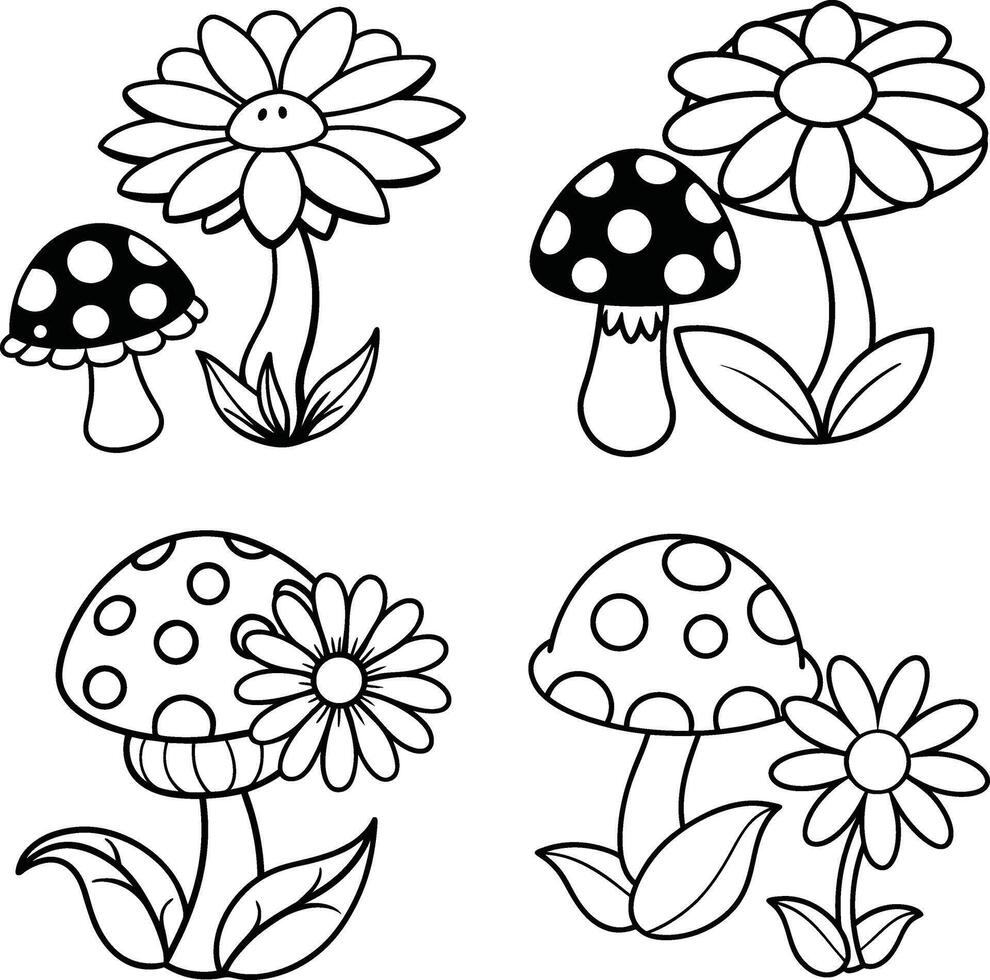 Mushroom and flower line art collection for coloring and creative design vector