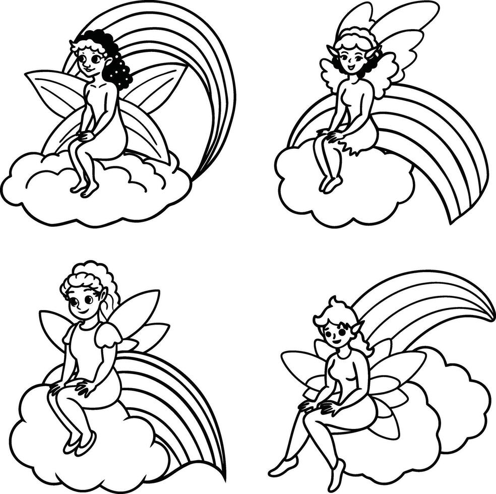Four fantasy fairies sitting on clouds with rainbows outline illustration vector