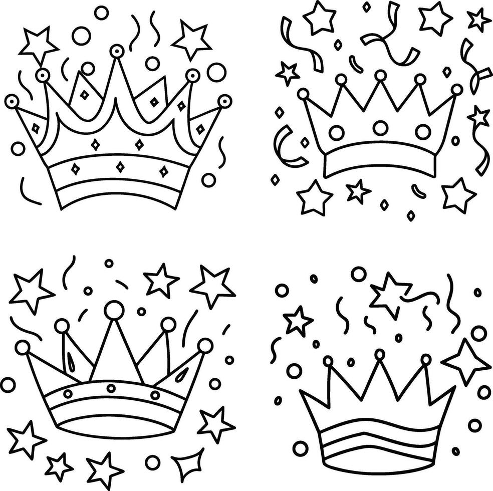 Outline royalty crowns and confetti celebration black and white illustration vector