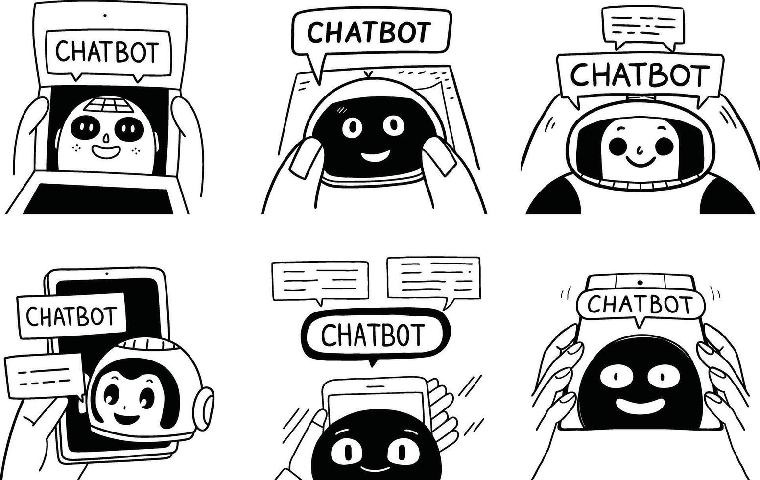 Cartoon chatbot characters interacting with mobile devices and tablets in black and white vector