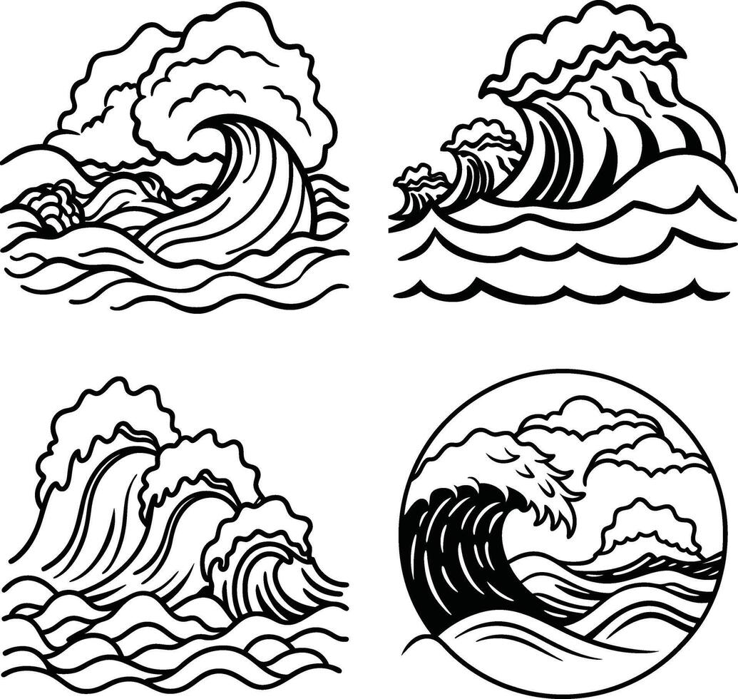Set of hand drawn ocean wave illustrations in black and white vector