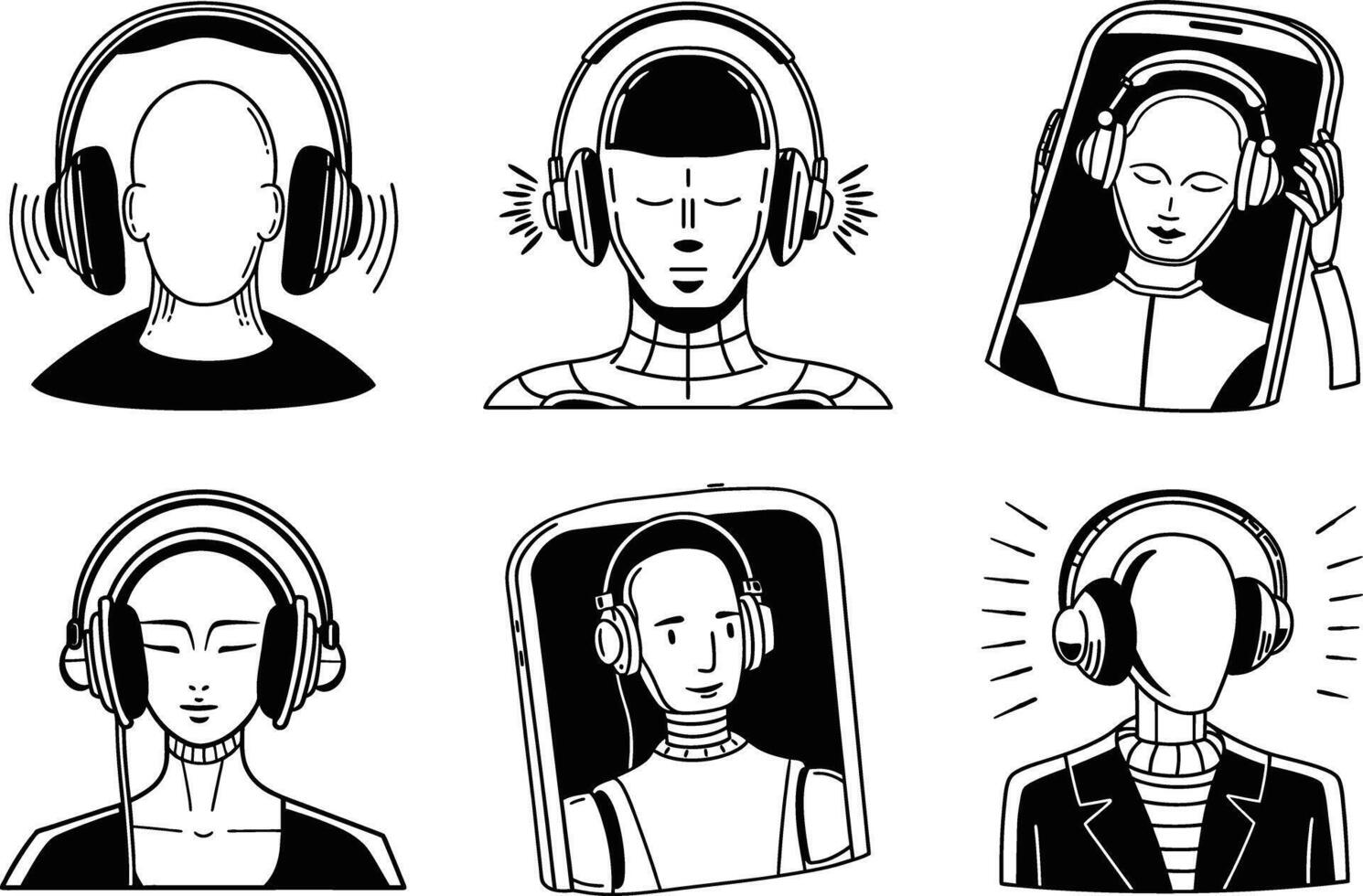 Variety of robots and humans wearing headphones listening to music in black and white vector
