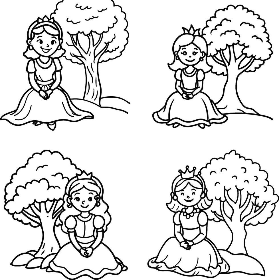 Princesses in a park black and white outline cartoon illustration vector