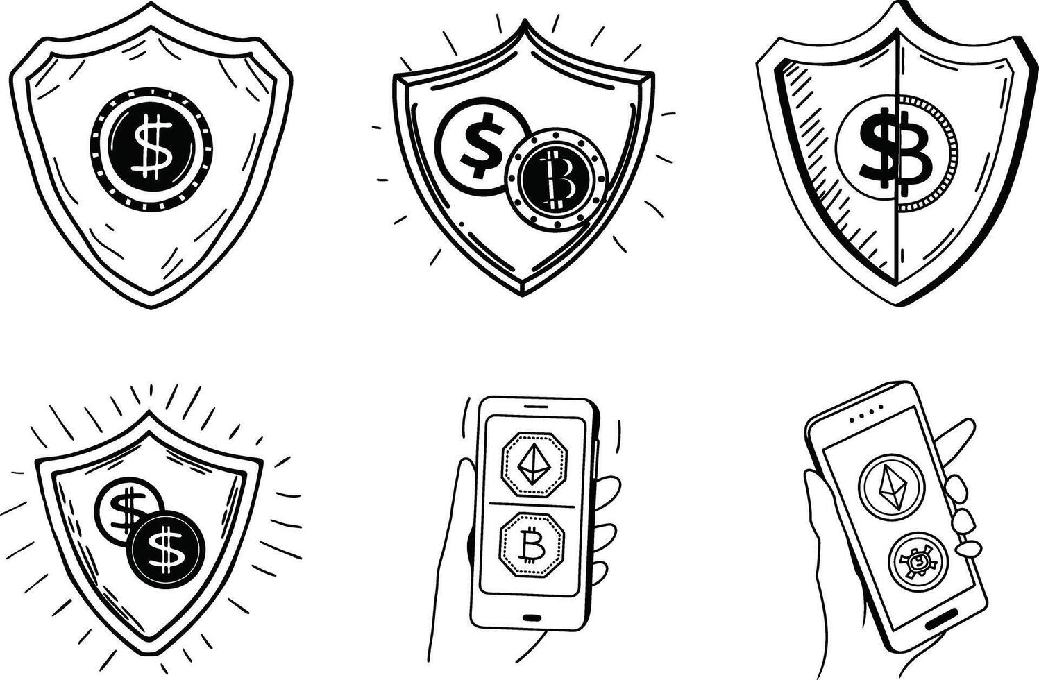 Cryptocurrency and digital asset security illustrations with dollar bitcoin and ethereum icons vector