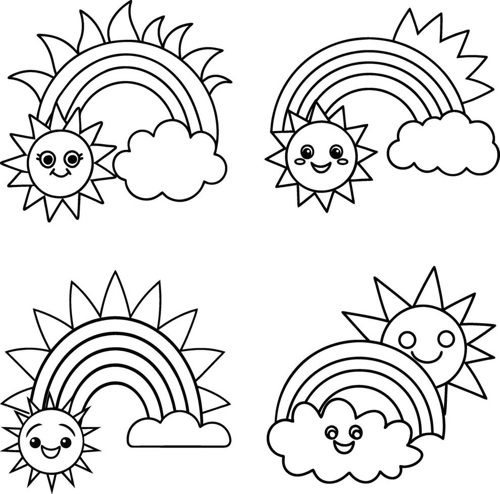 Cartoon rainbows with smiling sun and cloud black and white illustration vector