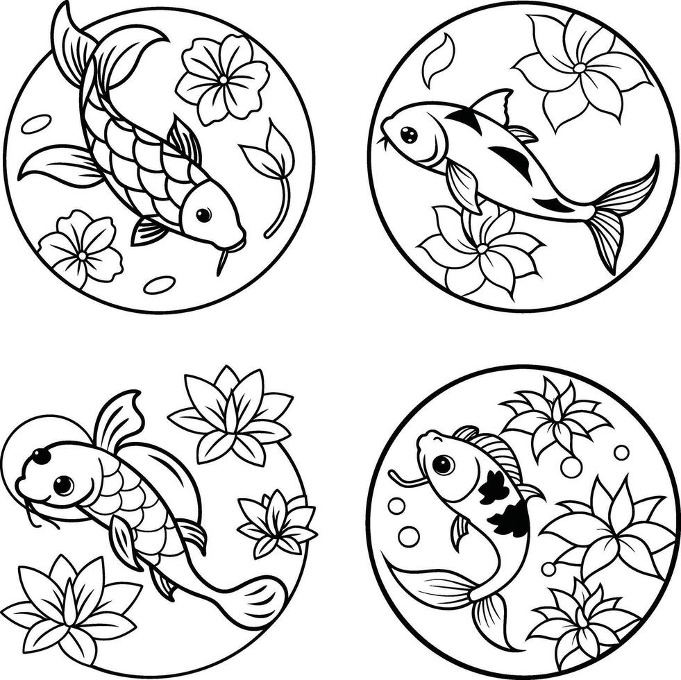 Black and white koi fish circles with flowers hand drawn outlines vector
