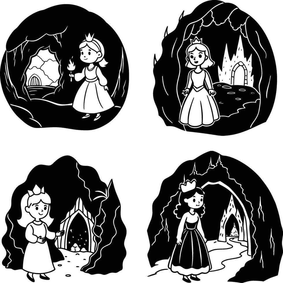 Princesses in caves black and white cartoon illustration set vector