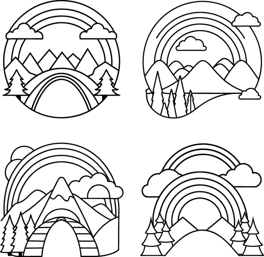 Mountain range rainbow forest scenery line art design set vector