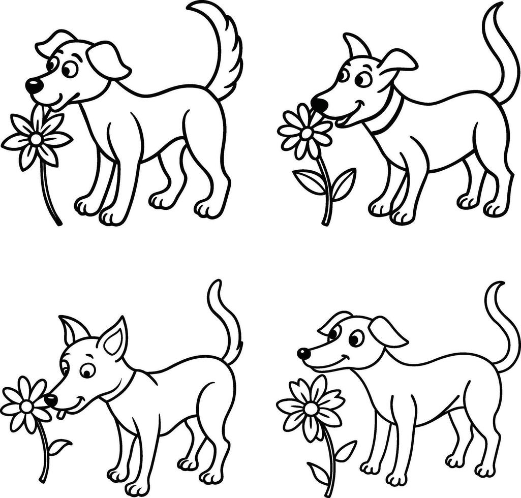 Cartoon dogs with flowers line art collection cute puppy outlines vector