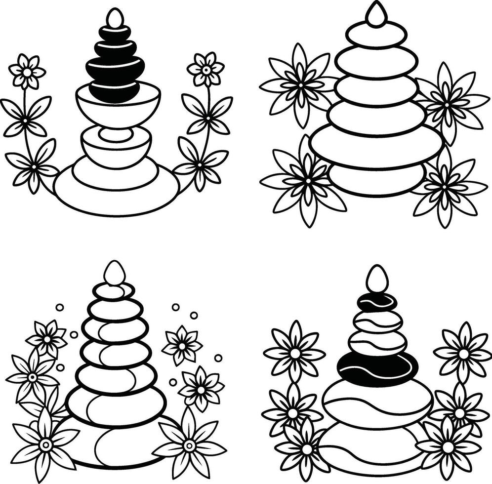 Stone balance meditation graphic four variations with flowers in black and white vector