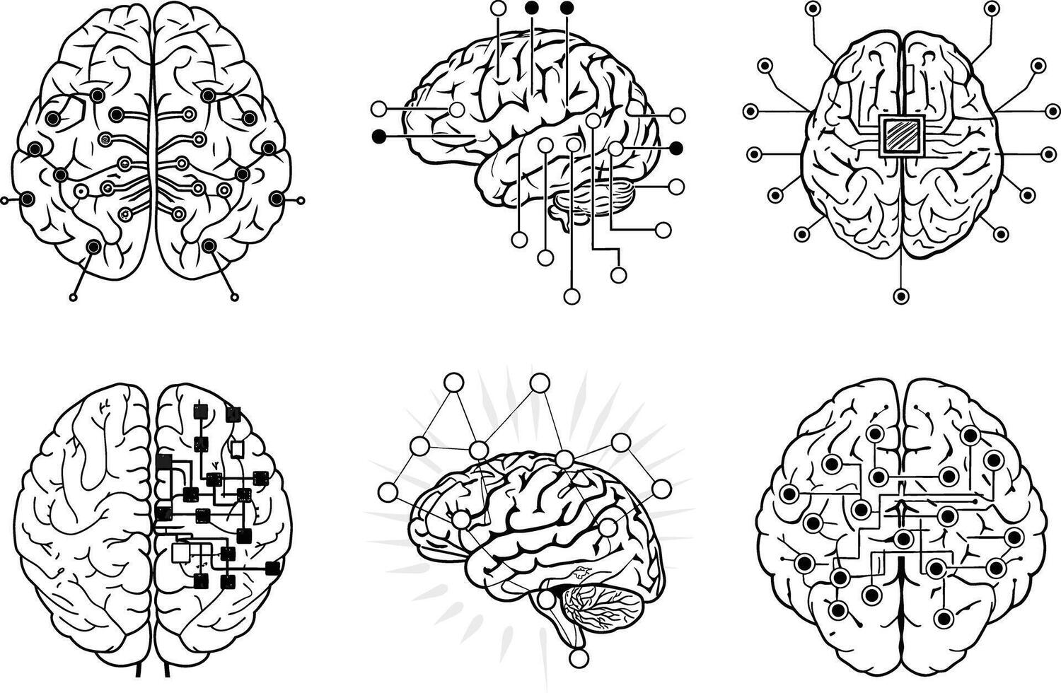 Artificial intelligence brain concept with circuitry and connection points black and white illustrations vector