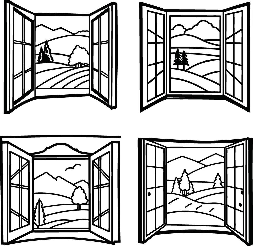 Window view landscape icons open window frames with nature scenery black and white vector
