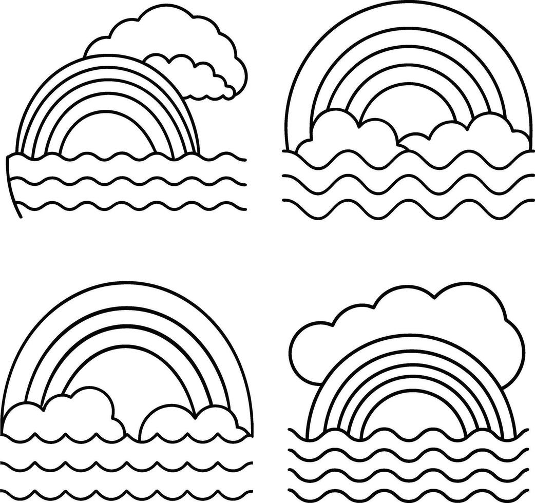 Line art rainbows with clouds and waves illustration black and white vector
