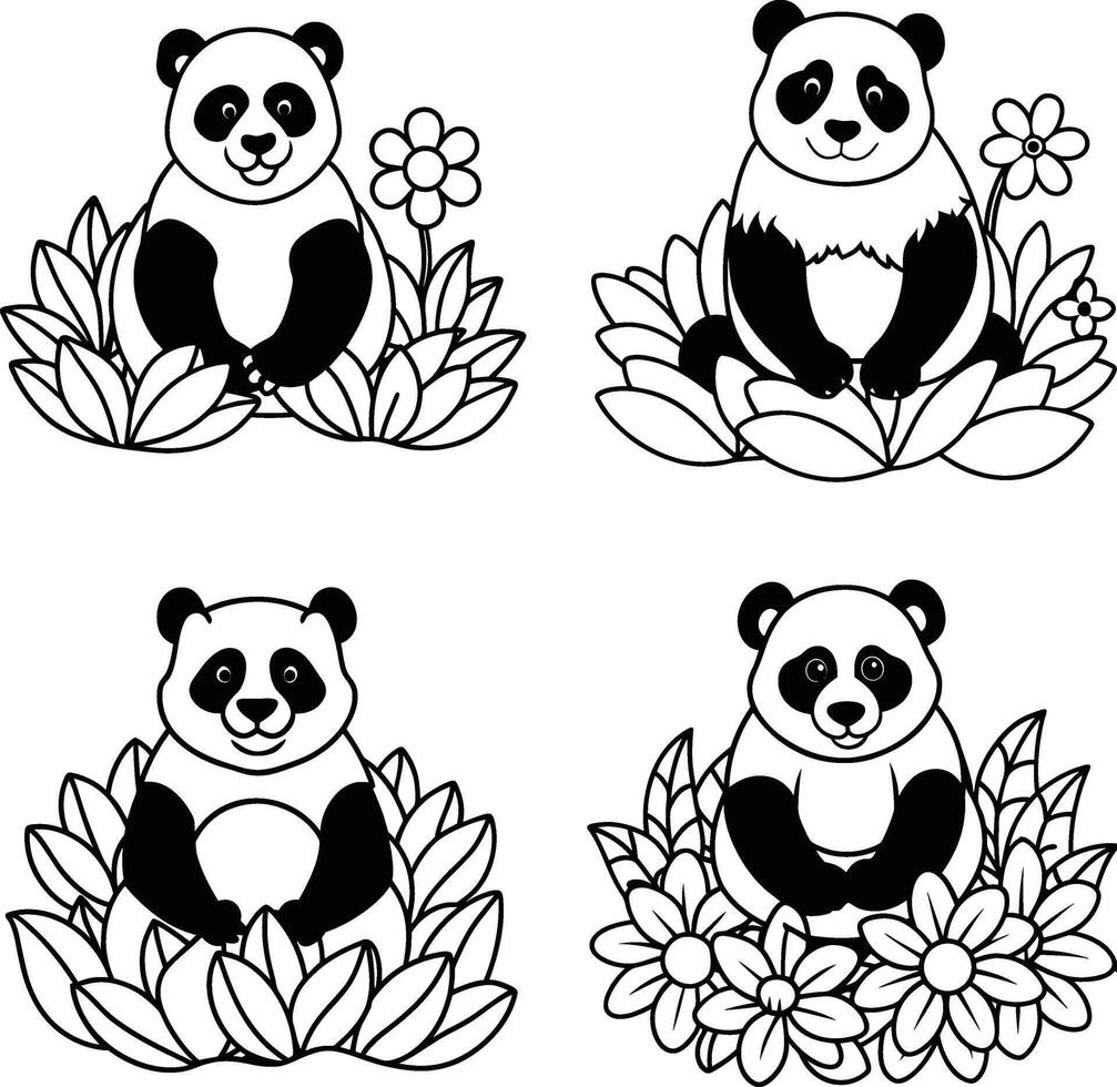 Cute panda bear outlines seated amongst foliage and flowers black and white illustrations vector
