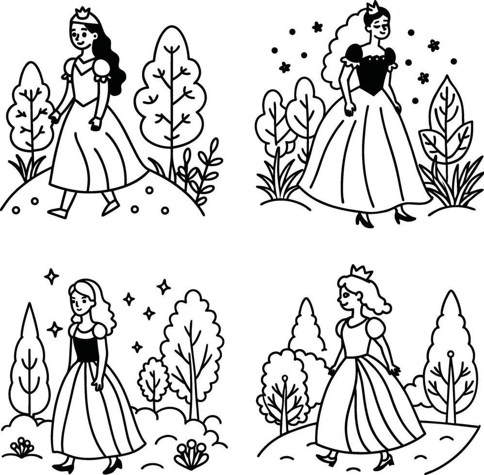 Cartoon princess characters outlines with forest backgrounds for coloring books vector