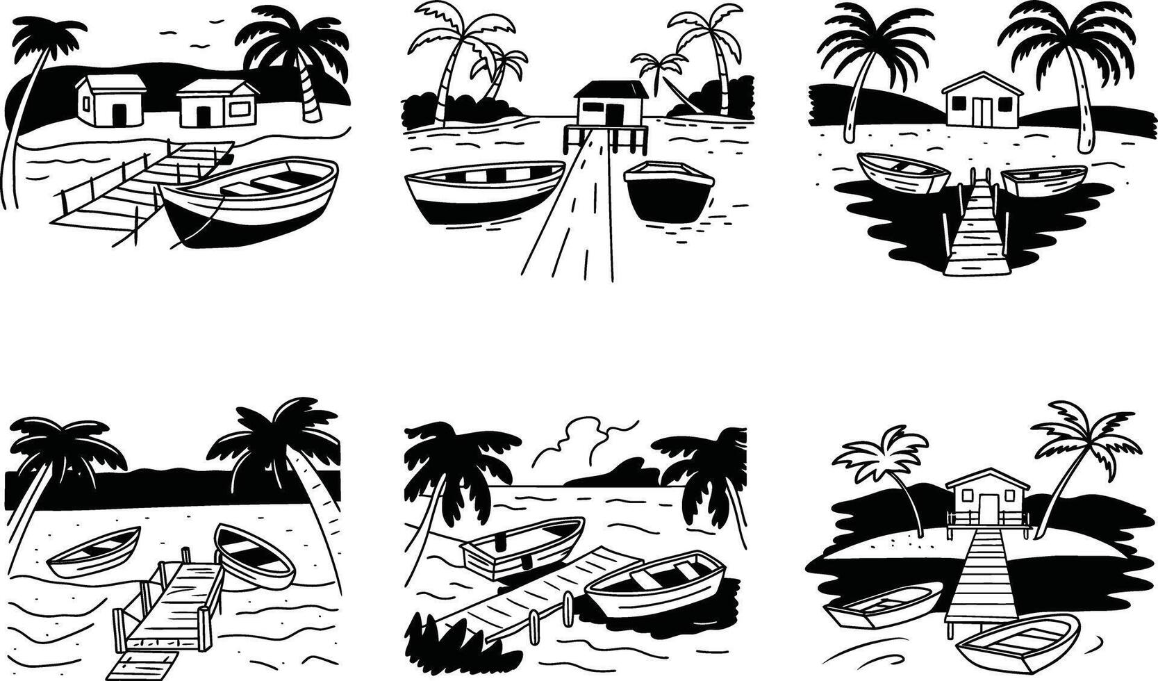 Black and white doodle style tropical beach scenes with boats and palm trees vector