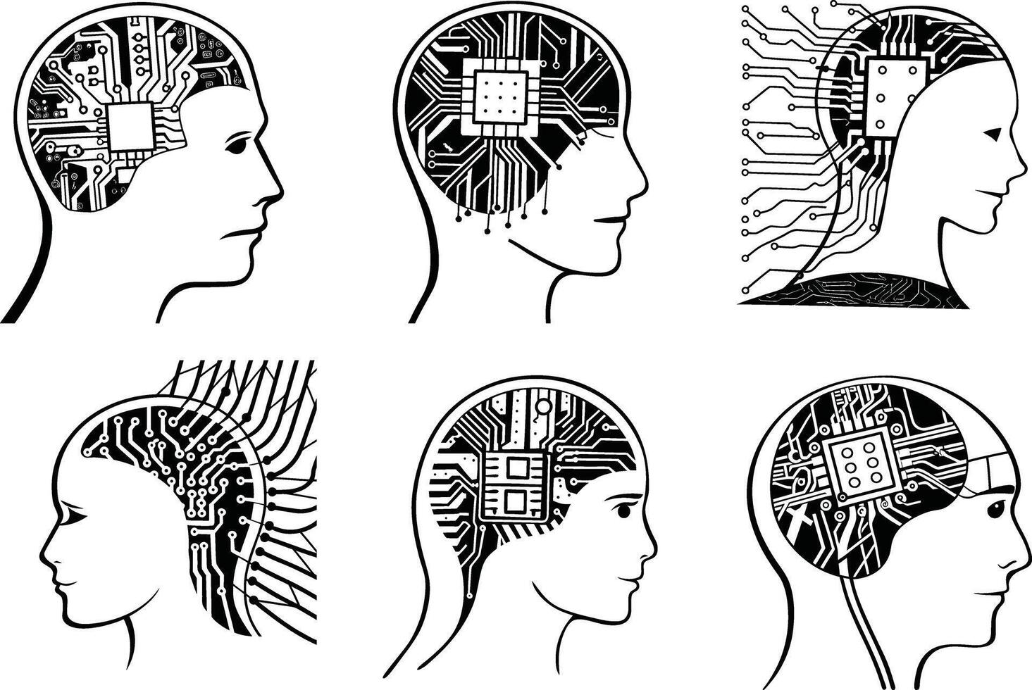 Artificial intelligence head circuit board technology concept black and white vector
