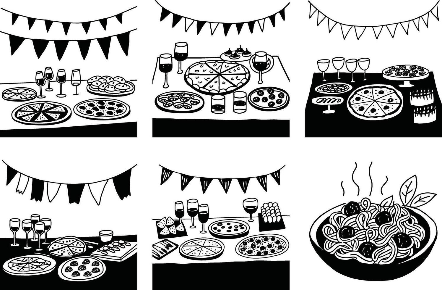 Hand drawn food party table seamless pattern featuring pizza pasta and wine vector