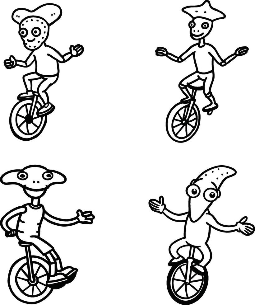 Silly cartoon aliens riding unicycles black and white illustration vector