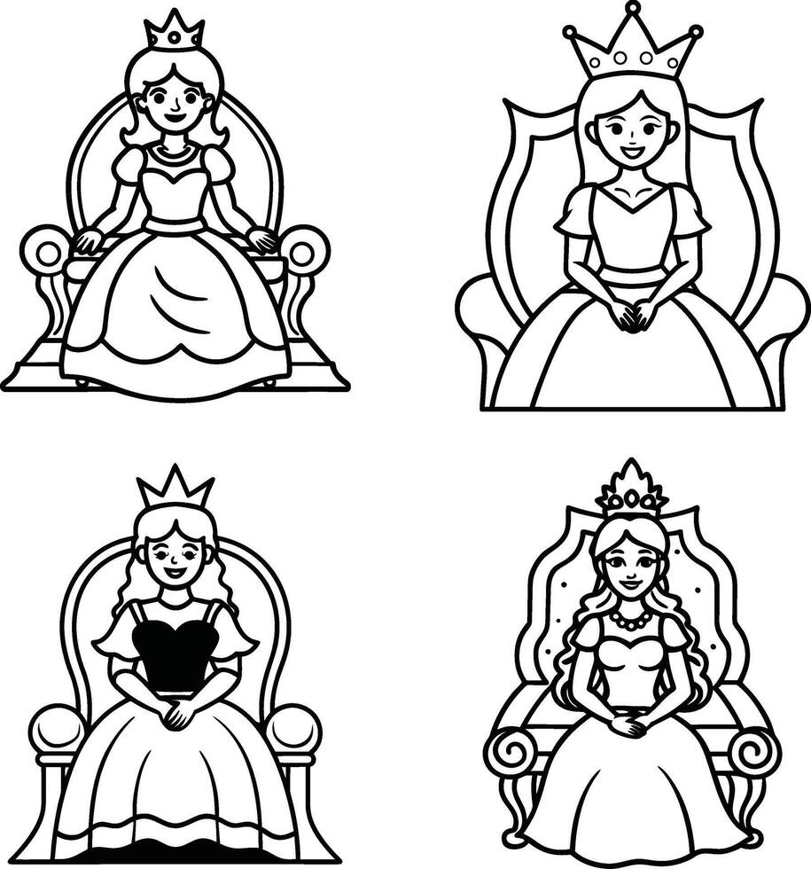 Cartoon princess icons collection sitting on throne royalty illustration vector