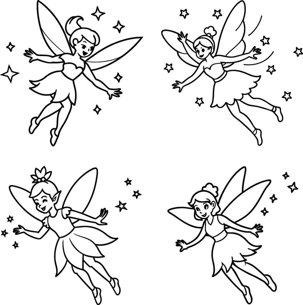 Outline illustration featuring flying cartoon fairies surrounded by sparkling stars vector